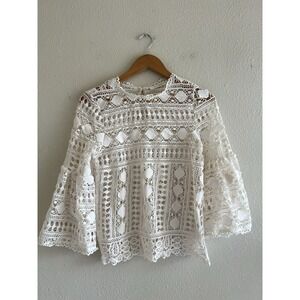 Ellison Crochet Cream Top Bell Sleeve Small Boho Festival Romantic Neutral